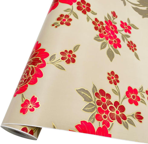 LovingWay 14.7 feet Wallpaper Roll, Red Peony Floral Shelf Liner, 17.7x177 Inch for Home Storage