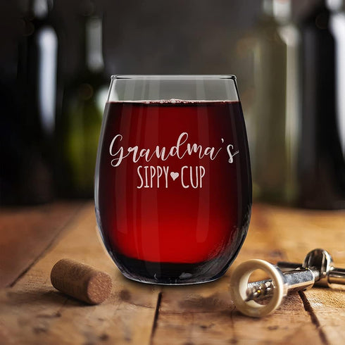 shop4ever Grandma's Sippy Cup Engraved Stemless Wine Glass, 15 oz, Mother's Day Gift for Grandmother