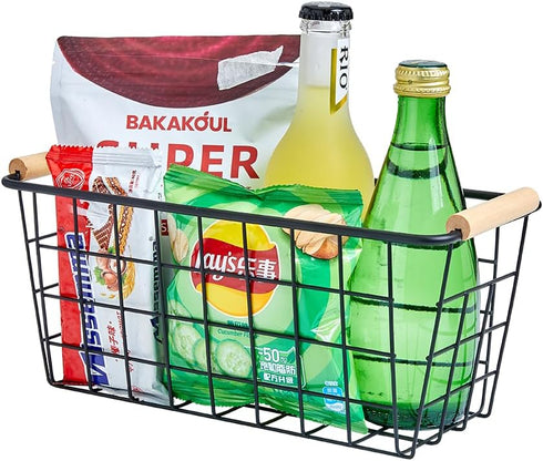 Black Metal Hanging Baskets with Handle, Wire Wall Storage Organizer with Hooks, 2-Pack Adhesive Baskets for Kitchen,
