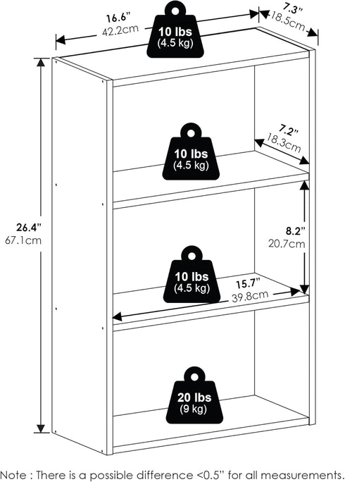 3-Tier 7 17 26, Furinno Basic Book Shelf, Bookshelf, Cube Storage Organizer Bookcase with Open Shelf, x x for Living