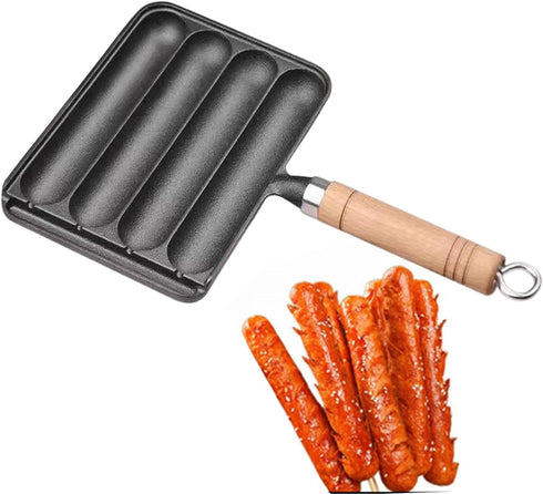 Cast Iron Sausage Grill Pan, Non Stick Baking Tray with Anti Scald Wooden Handle, Hot Dog Grill Pan-A