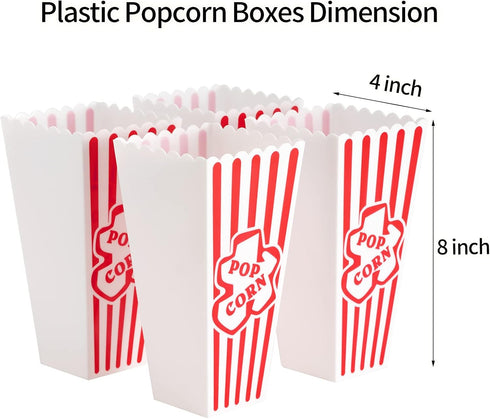 Plastic Popcorn Containers, Red & White Striped Retro Style Reusable Popcorn Boxes for Movie Night, 4”x8” (4 Pack)