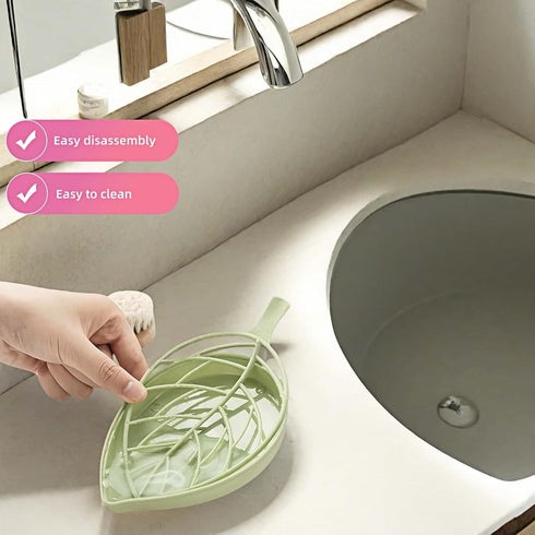 Chinshwehaw Set, 2-Tier Leaf-Shaped Soap Dish Soap Holder Drain Rack, Leaf Design - No Drill Wall Mount, Detachable