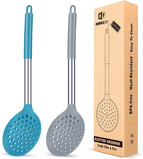 Kitchen Ladle Strainer Set of 2, Large Slotted Spoon with High Heat Resistant BPA Free Non Stick Cooking Skimmers (Grey