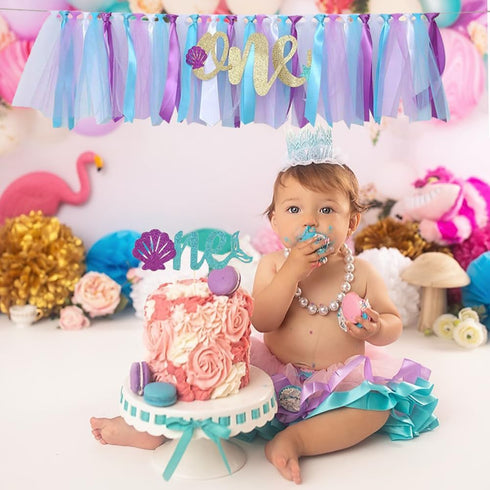WODCM 1st 1st Mermaid HighChair Banner Birthday High Chair Banner Girl Mermaid High Chair Skirt Under The Sea Birthday
