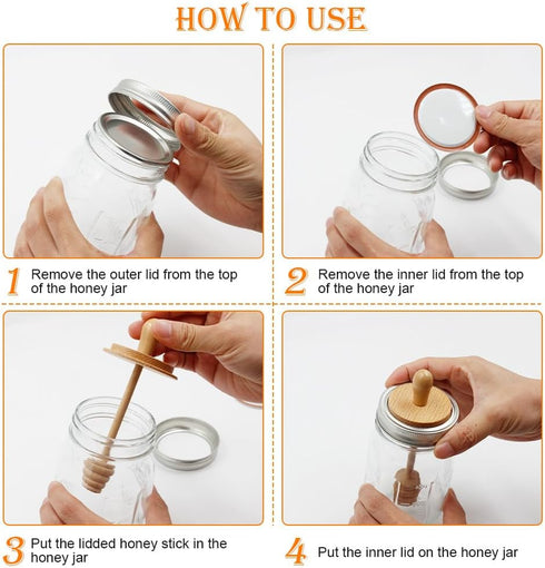 Sun3drucker Set 16 oz Wooden Mason Jar Honey Dipper with Lids - Honey Dipper Wooden Stick for Regular Mouth Mason Jars