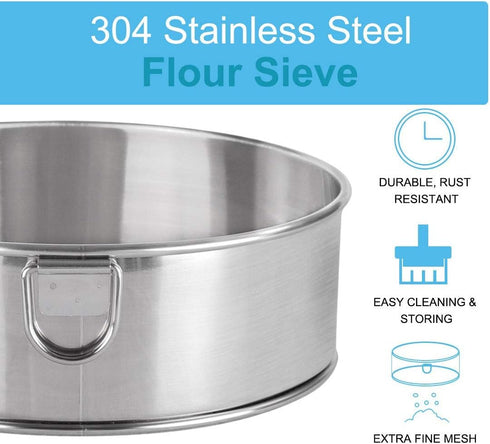 Fine Mesh Flour Sieve, 10" Stainless Steel 60 Mesh Round Sifter for Baking Cake and Bread