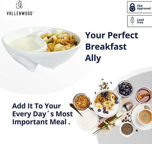 Never Soggy Cereal Bowl, White x2, Divided, Unbreakable Melamine, Ideal for Snack and Salsa