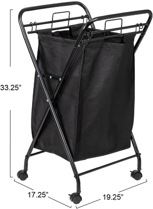 2 Household Essentials Rolling Laundry Hamper, Heavy Duty Canvas Bag, Load Capacity, Foldable Frame, Black Bag