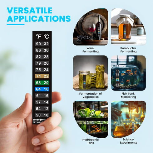 Stick On Thermometer Strip - Digital Temperature Display for Fermenting, Brewing, Aquariums, 10 Pack (50-90F)