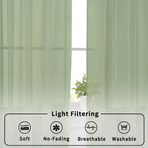 Sage Green Sheer Curtains, 36 inches Long, 2 Panels, Solid Cafe Curtains for Bathroom or Kitchen