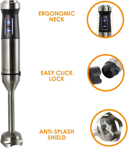 Megachef MC-158C 4 in 1 Multipurpose Immersion Hand Blender with Speed Control and Accessories, Silver