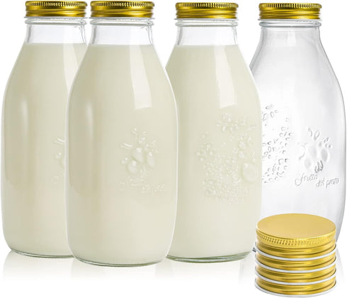 ZOOFOX 4 Pack 32 oz Glass Milk Bottle with Lids, Vintage Milk