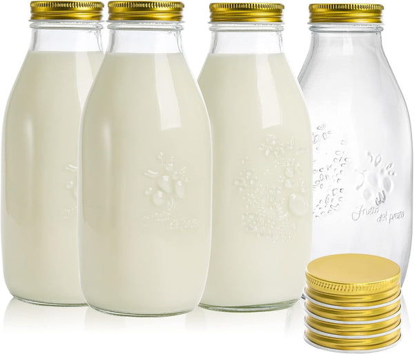 ZOOFOX 4 Pack 32 oz Glass Milk Bottle with Lids, Vintage Milk