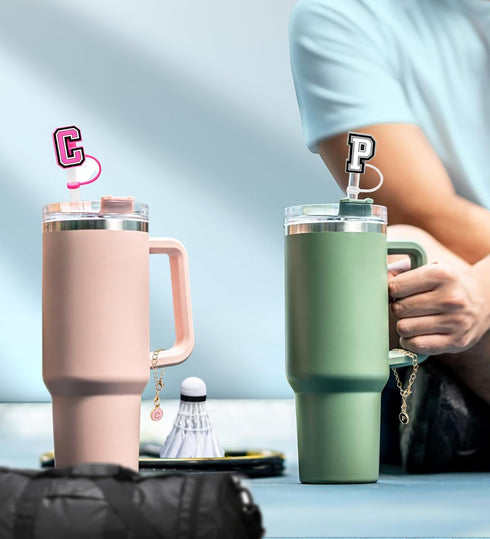 (3 +3) 3PCS Nuozme Straw Cover 10mm for Stanley Tumbler Cup, Reusable Straw Cap Topper with 3 Initial Letter Charms,