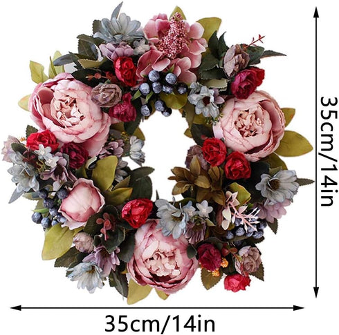 Artificial Peony Hydrangea Flower Door Wreaths, Spring and Summer Floral Wreath for Home, Wedding Decor 35cm