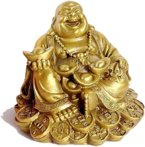 SMRTHMRT Feng Shui Decor Laughing Buddha Statue, Maitreya Figurine Carrying Money Bag, Brass Sculptures