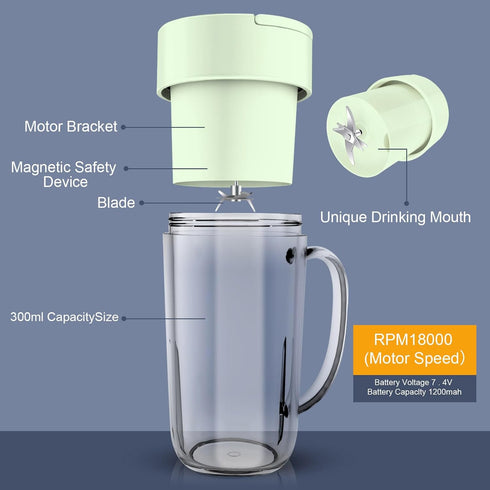 Portable Blender, 10 oz Mini Personal Blender for Smoothies, Rechargeable USB, Easy to Clean for Travel