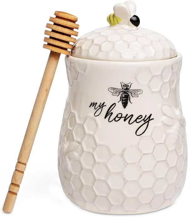 Young's Inc. Ceramic Honey Jar with Lid and Wooden Honey Dipper -