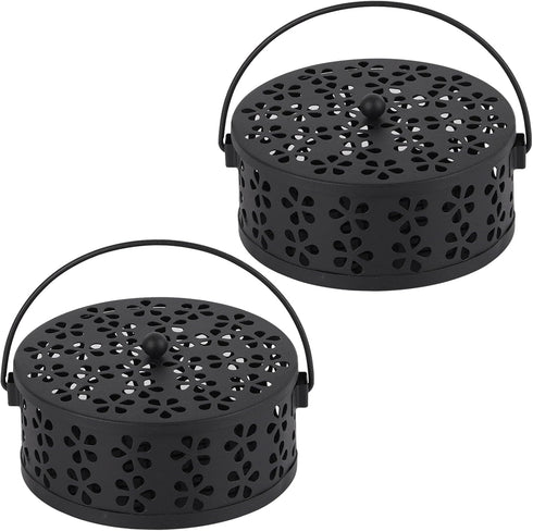 Retro Portable Iron Mosquito Coil Holder, Round Fireproof Incense Holder for Home Office Camping (S-Black, 2Pack)