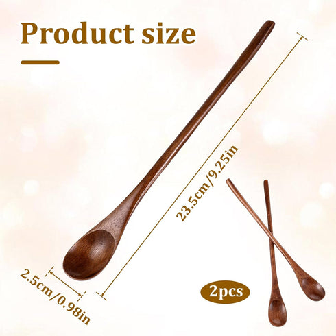 Piriuuo 2 9.25 Inch Pcs Long Wooden Teaspoon, Wooden Teaspoons for Honey Long Bamboo Honey Spoons for Jam Dessert