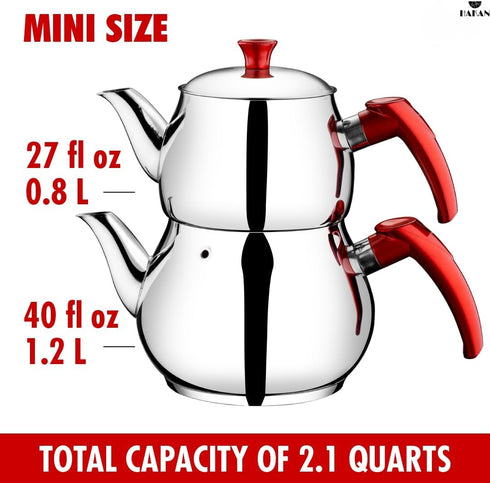 Set Set, 0.84 1.26 Hakan Teapot with Self Strainer Double Lids, Stainless Steel Mini Double Bondy Tea Pot Turkish