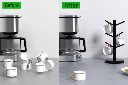 Dorhors Black Coffee Mug Holder Tree, Coffee Bar Organizer with 6 Hooks, Wood Coffee Mug Rack for Counter