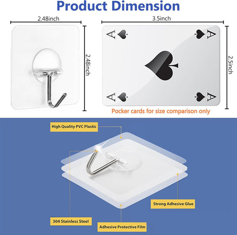 Adhesive Wall Hooks for Hanging - Heavy Duty Waterproof Transparent Hook, 8 Pack