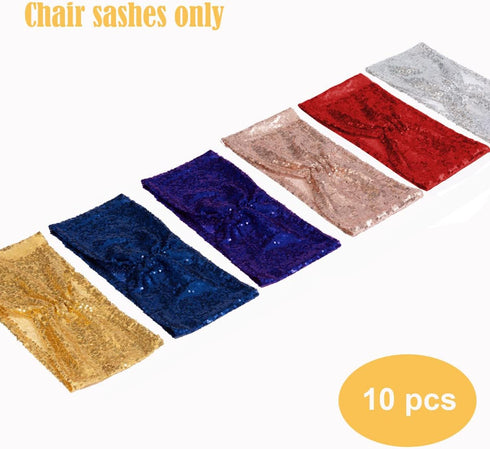 Eternal Beauty Set of 10 Gold Sequin Chair Bows, Sashes for Wedding Party Decorations