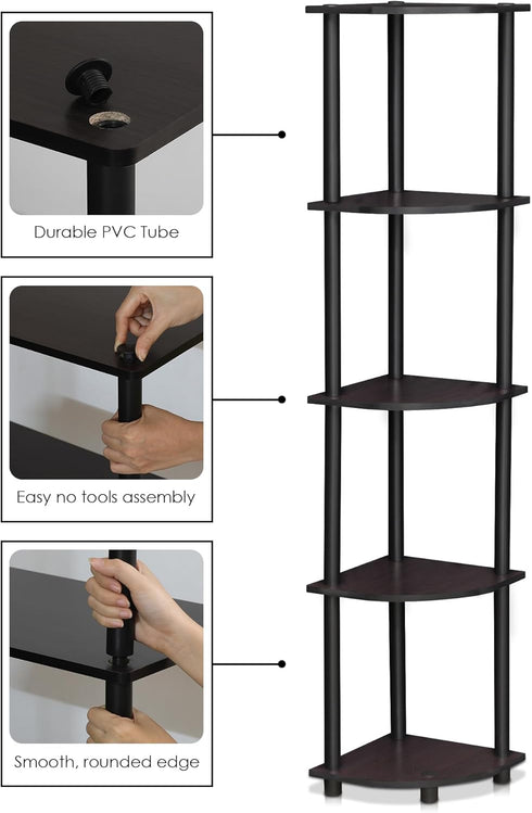 Furinno Turn-N-Tube 5 Tier Corner Display Rack, Multipurpose Shelving Unit, 1-Pack, Dark Walnut