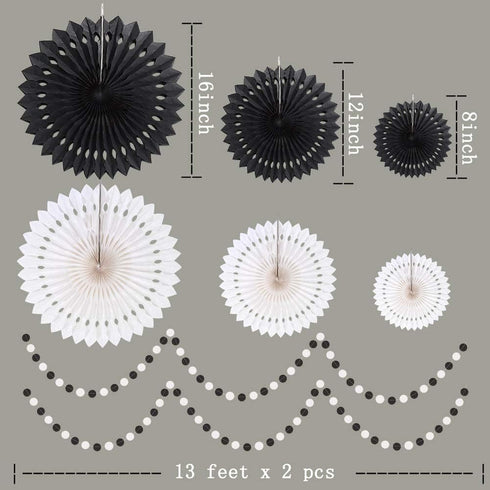 Cheerland Black White Party Decorations, Hanging Paper Fans Garland Kit for Wedding, Halloween