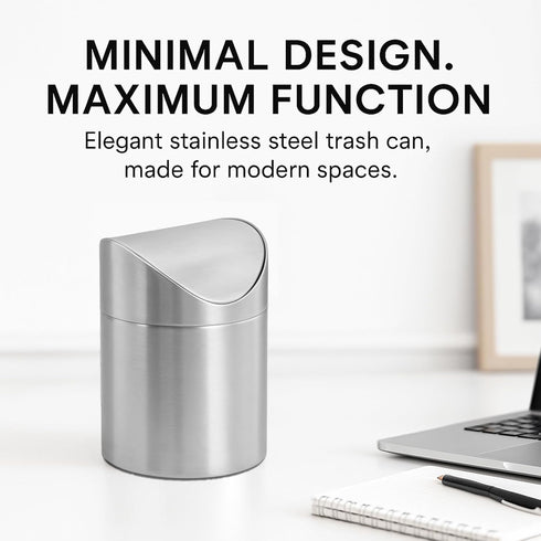 Small Mini Trash Can with Lid, Brushed Stainless Steel, Mini Countertop Trash Bin for Desk Office, 1.5 L