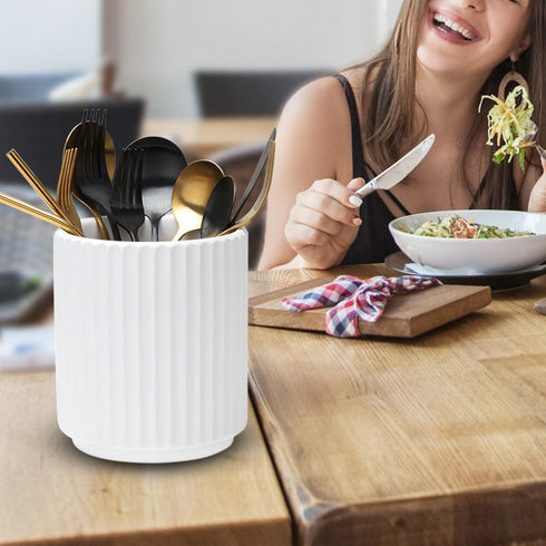 Small Ceramic Utensil Holder for Kitchen Counter (H5.51” x W4.92”), Includes Silicone Drying Mat (Black)