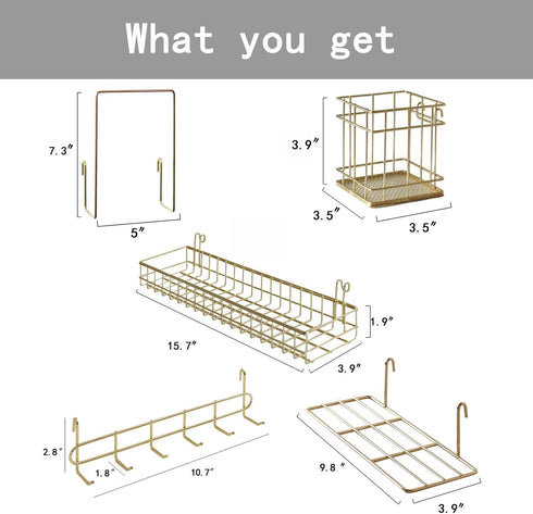 Metal Mesh Wall Grid Panel Hanging Basket, Decorative Desk Storage Organizer for Office, Set of 5, Gold