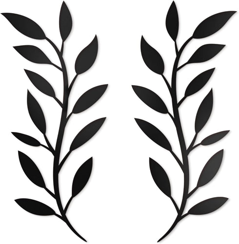Vivegate 16"X16" Olive Branch Leaf Metal Wall Decor - 2 Black Wrought Iron Scroll Vine Art for Farmhouse Wall