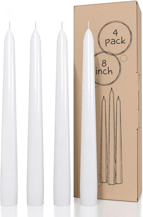 CANDWAX Set of 4 White Taper Candles 8 inch Dripless - Ideal Smokeless Unscented Dinner Candles - Long Burning Hand