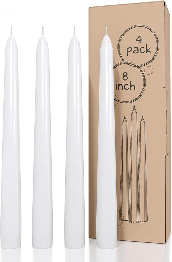 CANDWAX Set of 4 White Taper Candles 8 inch Dripless - Ideal Smokeless Unscented Dinner Candles - Long Burning Hand