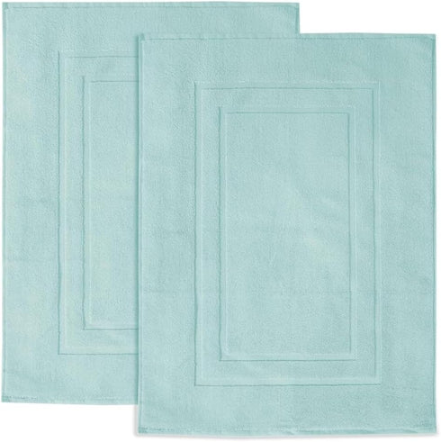 Feather & Stitch 2 Piece Bath Mats (30x21 Inch), 100% Cotton Terry, Non-Slip Soft Absorbent Washable Mats - Sea Foam