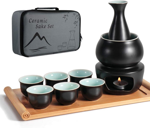Dltsli Ceramic Sake Set with Warmer Pot Tray, Stovetop Porcelain Pottery Hot Saki