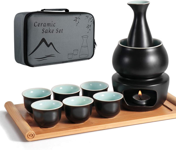 Dltsli Ceramic Sake Set with Warmer Pot Tray, Stovetop Porcelain Pottery Hot Saki