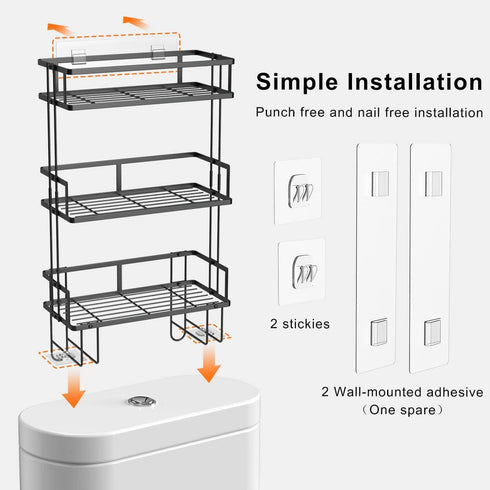 Over The Toilet Storage Shelf, 3-Tier Bathroom Organizer, Upgrade Punch-Free Storage Rack with Hooks, Black