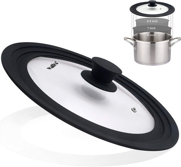 Universal Lid for Small Pots, Pans, Skillets & Frying Pan - Fits 6.5", 7" & 8" Diameter Cookware - Tempered Glass