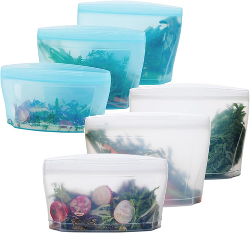 Reusable Silicone Food Storage Bag, Stand Up Zipper Seal Container, Set of 6 Bowls for Meal Prep, Freezer Oven