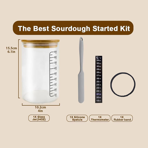 Pro Sourdough Bread Starter Kit - 34 oz Jar with 5 Unique Features for Perfect Sourdough Bread & Starter Kit
