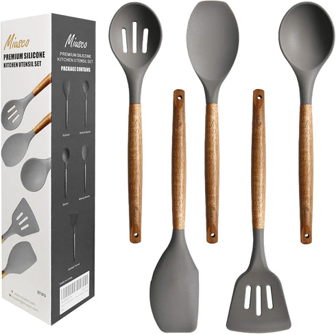 Kitchen Utensils Set, Non-Stick Silicone Cooking Utensils with Acacia Hard Wood Handle, 5 Piece