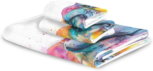 Set 3 Sets Pfrewn French Bulldog Puppy Towels of Watercolor Dog Colorful Art Bathroom Towel Soft Absorbent Bath Hand