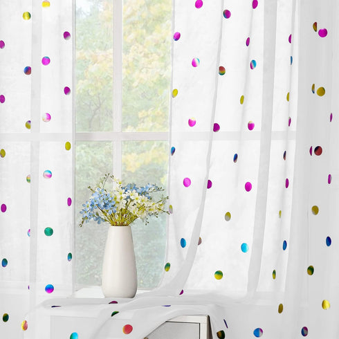 Urban Lotus White Sheer Curtains for Bedroom, 63-inch Metallic Polka Dot Window Curtain Panels for Kids Room