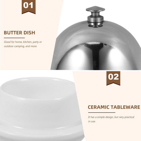 Ceramic Butter Dish with Lid - Stainless Steel Dome Container for Countertop, Kitchen Use