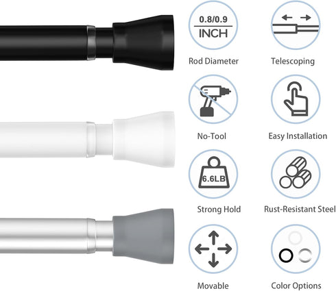 AIZESI White Adjustable Tension Curtain Rod 16 to 26 Inch, 7/8” Diameter for Window and Closet