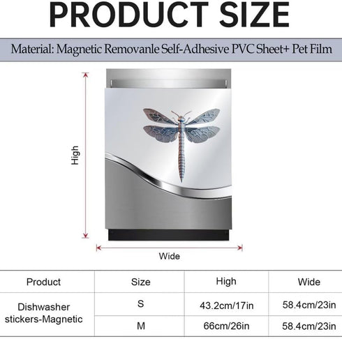 Dishwasher Magnet Cover Kitchen Decor, Silver Stainless Steel Dragonfly Pattern Vinyl Decal, 23 W x 26 H